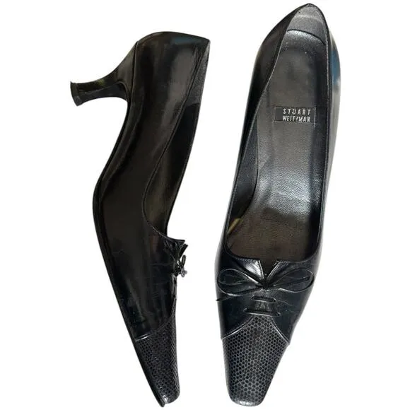 Vintage Stuart Weitzman Black Leather Square Toe Pumps bow Made in Spain size 5