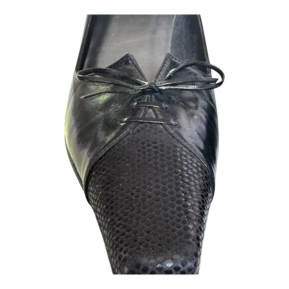 Vintage Stuart Weitzman Black Leather Square Toe Pumps bow Made in Spain size 5