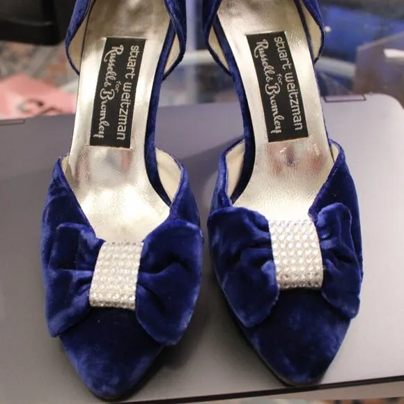 Vintage Stuart Weitzman Blue Velvet Heels Rhinestone Bow Evening Shoes  7