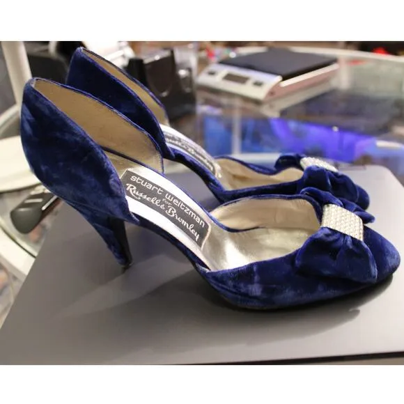 Vintage Stuart Weitzman Blue Velvet Heels Rhinestone Bow Evening Shoes  7