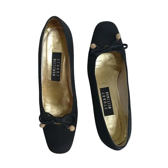 Vintage Stuart Weitzman Classic Black Evening Shoes with Pom Poms Block Heel