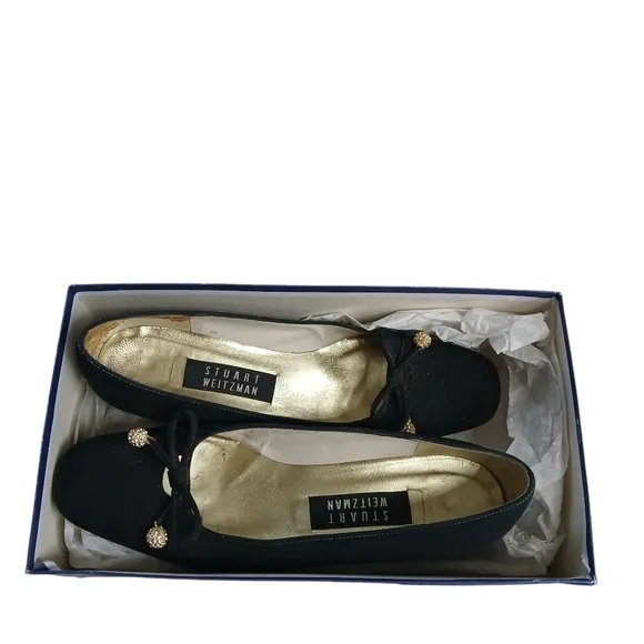 Vintage Stuart Weitzman Classic Black Evening Shoes with Pom Poms Block Heel