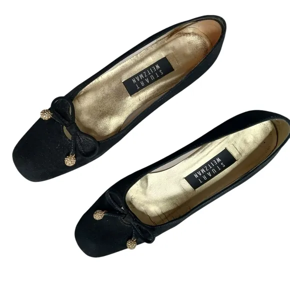 Vintage Stuart Weitzman Classic Black Evening Shoes with Pom Poms Block Heel