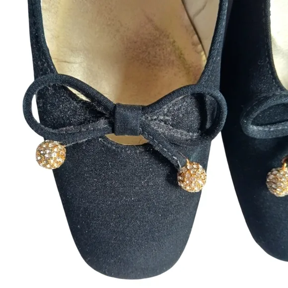 Vintage Stuart Weitzman Classic Black Evening Shoes with Pom Poms Block Heel