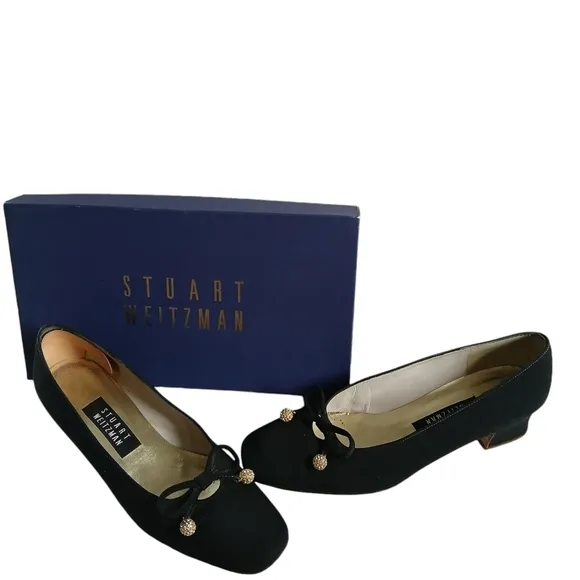 Vintage Stuart Weitzman Classic Black Evening Shoes with Pom Poms Block Heel