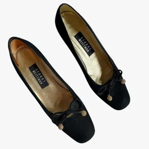Vintage Stuart Weitzman Classic Black Evening Shoes with Pom Poms Block Heel