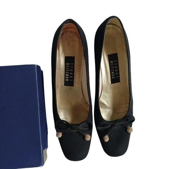 Vintage Stuart Weitzman Classic Black Evening Shoes with Pom Poms Block Heel