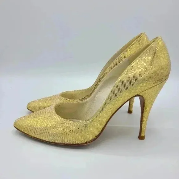 Vintage Stuart Weitzman Martinique Gold Glitter Pointed Toe Stiletto Heels 7.5