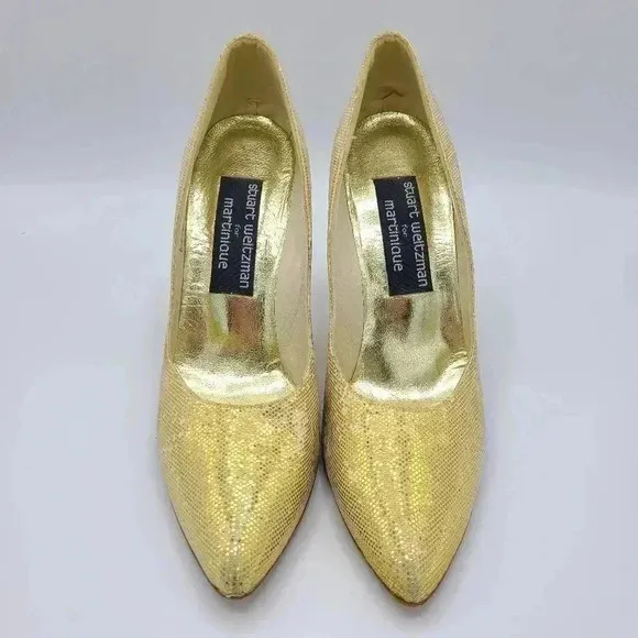 Vintage Stuart Weitzman Martinique Gold Glitter Pointed Toe Stiletto Heels 7.5