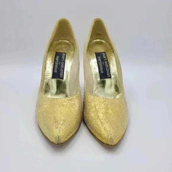 Vintage Stuart Weitzman Martinique Gold Glitter Pointed Toe Stiletto Heels 7.5