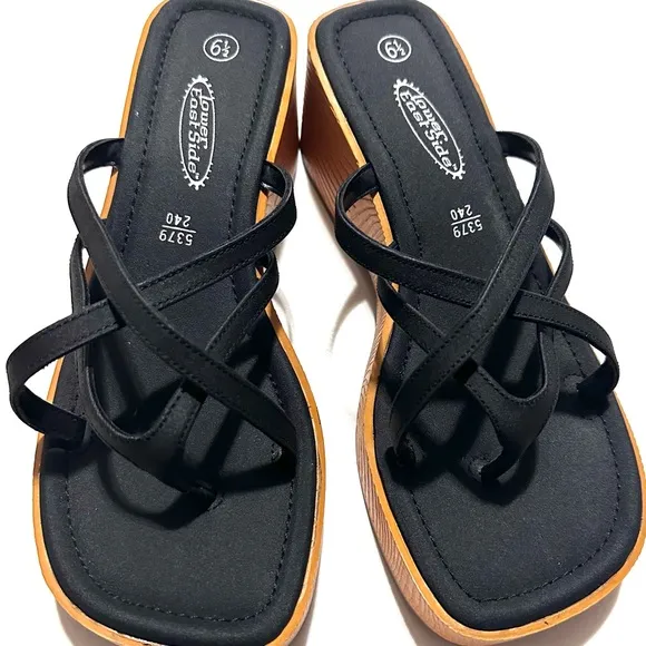 Vintage y2k Lower East Side cutie square strappy wedge sandals, wooden platforms