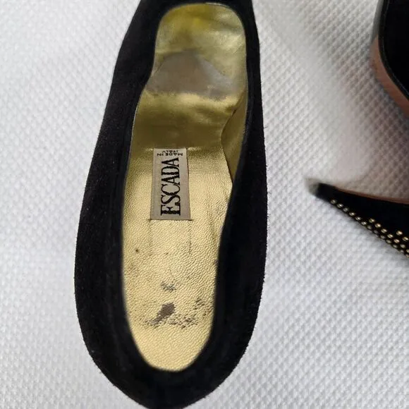 Vintage 90s Escada Black Suede Studded Heel Pumps Shoes Womens Size 7.5