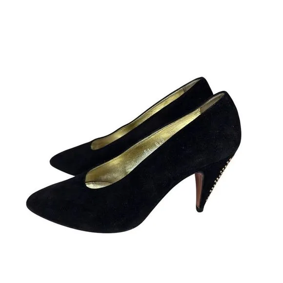 Vintage 90s Escada Black Suede Studded Heel Pumps Shoes Womens Size 7.5