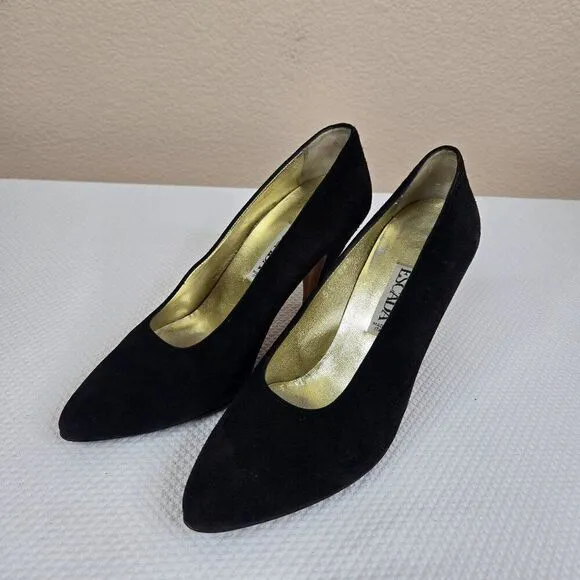 Vintage 90s Escada Black Suede Studded Heel Pumps Shoes Womens Size 7.5