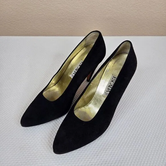 Vintage 90s Escada Black Suede Studded Heel Pumps Shoes Womens Size 7.5