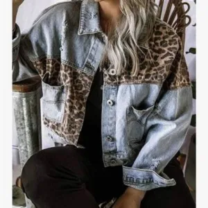 Vintage Button Down Leopard Patch Denim Jacket
