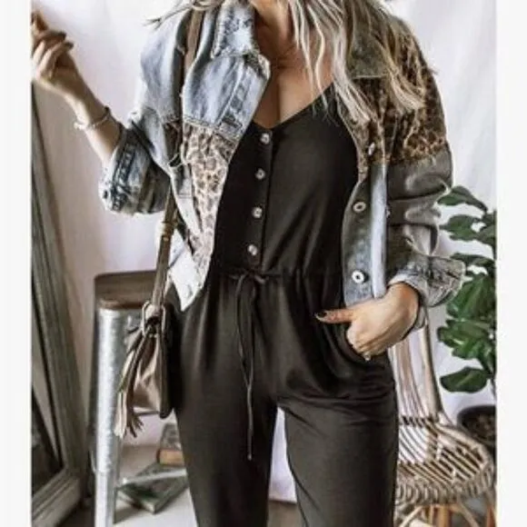 Vintage Button Down Leopard Patch Denim Jacket