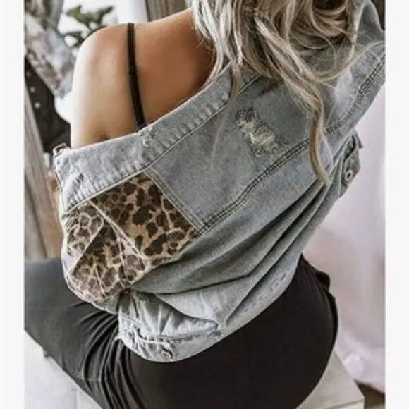 Vintage Button Down Leopard Patch Denim Jacket