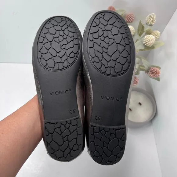 Vionic Amorie Leather Flats Slip On Comfort Shoes Pewter Metallic Women 8.5 NWOB