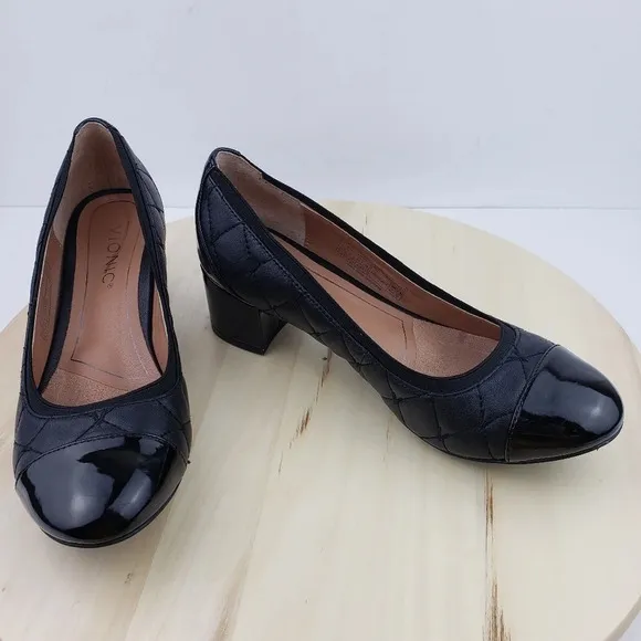 VIONIC Quilted Leather Block Heel Pumps Comfort Shoe Cap Toe Heel Size 6.5