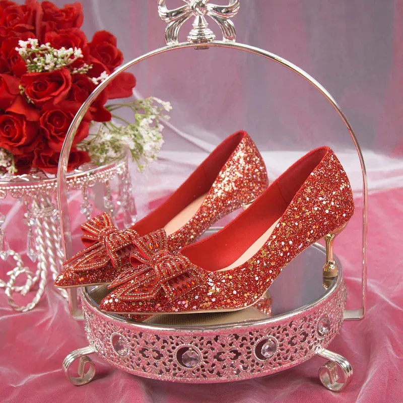 VougeVamp Handmade Crystal Bow Bridal Pumps – Glitter High Heels for Weddings & Parties