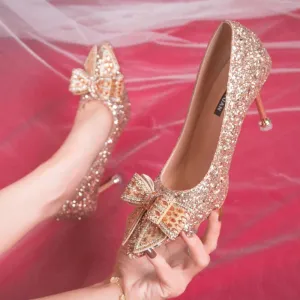 VougeVamp Handmade Crystal Bow Bridal Pumps – Glitter High Heels for Weddings & Parties