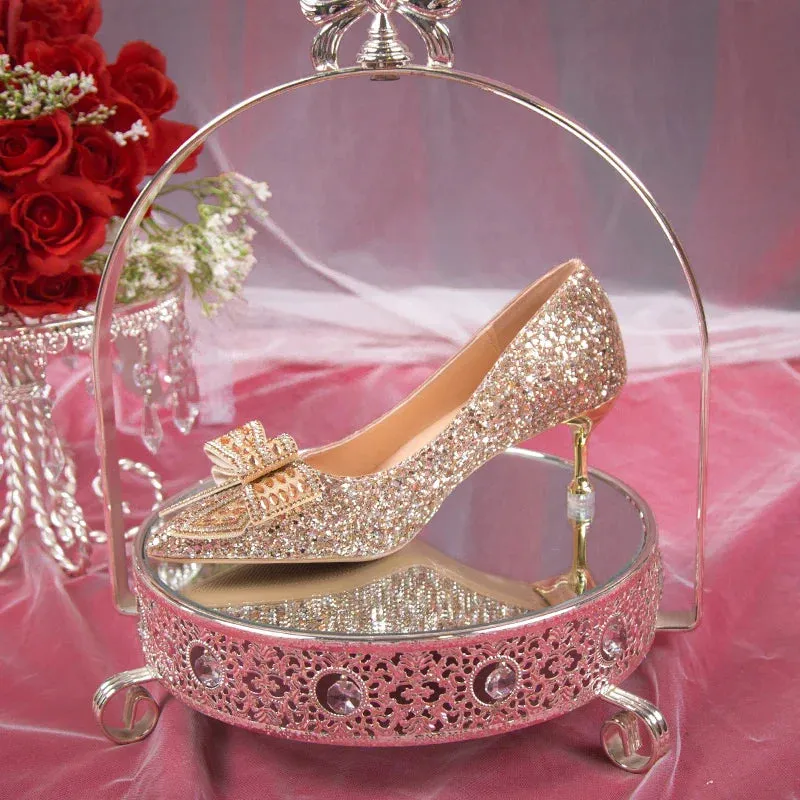VougeVamp Handmade Crystal Bow Bridal Pumps – Glitter High Heels for Weddings & Parties