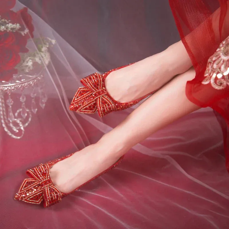 VougeVamp Handmade Crystal Bow Bridal Pumps – Glitter High Heels for Weddings & Parties