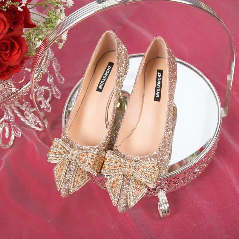 VougeVamp Handmade Crystal Bow Bridal Pumps – Glitter High Heels for Weddings & Parties