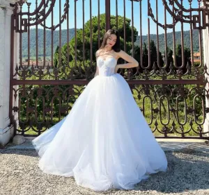 VougeVamp Transparent Tulle Waist Bridal Dress - White Princess A-Line Evening Gown for Formal Occasions