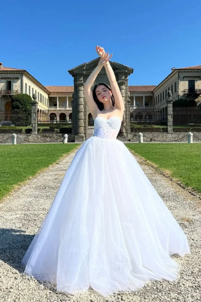 VougeVamp Transparent Tulle Waist Bridal Dress - White Princess A-Line Evening Gown for Formal Occasions