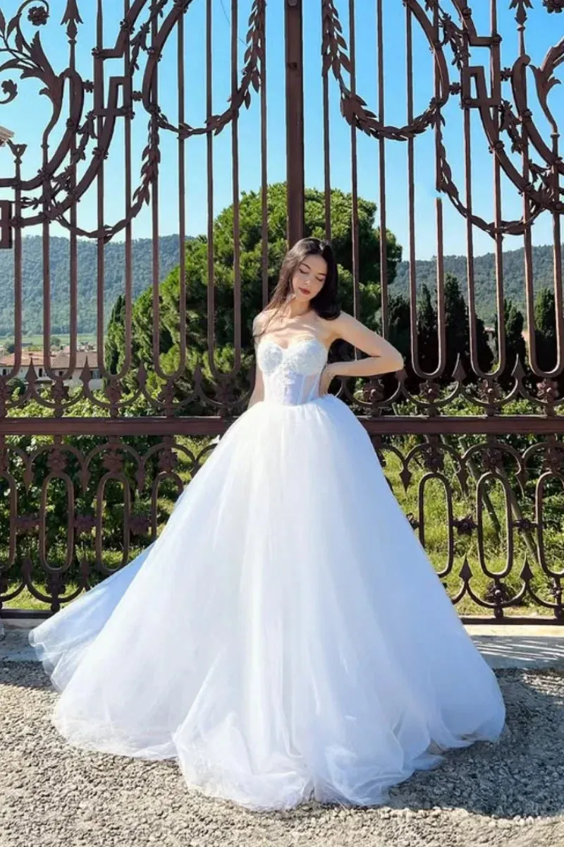 VougeVamp Transparent Tulle Waist Bridal Dress - White Princess A-Line Evening Gown for Formal Occasions