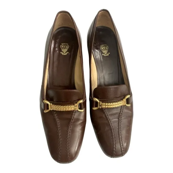 VTG Gucci Horsebit Womens Slip On Pumps Shoes Brown Leather Size (US 7.5)