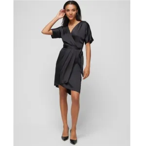 WHBM Short Sleeve Kimono Satin Wrap Dress Black Womens Size M Cocktail Party