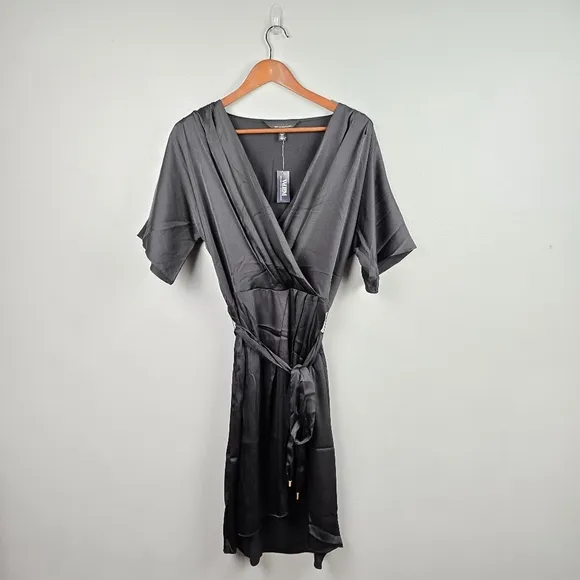 WHBM Short Sleeve Kimono Satin Wrap Dress Black Womens Size M Cocktail Party