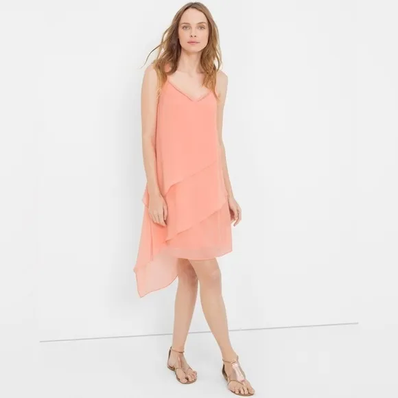 White House Black Market Asymmetric Tiered Dress in Bloom Pink / Peach
