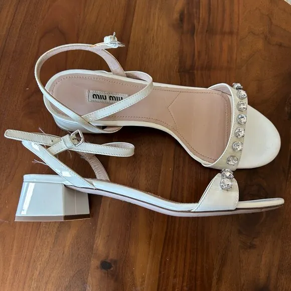 White Miu Miu Heeled Sandals with Crystal Embellishments | Size 39 IT / 9 US