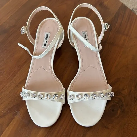 White Miu Miu Heeled Sandals with Crystal Embellishments | Size 39 IT / 9 US