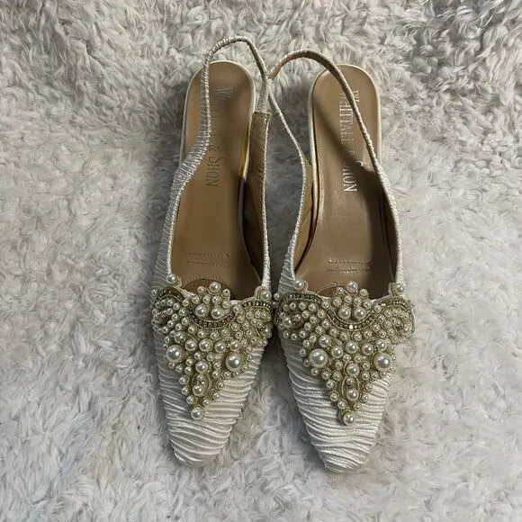 Whittall Shon fabric off white satin scrunch White Pearl Embellished Shoes SZ12