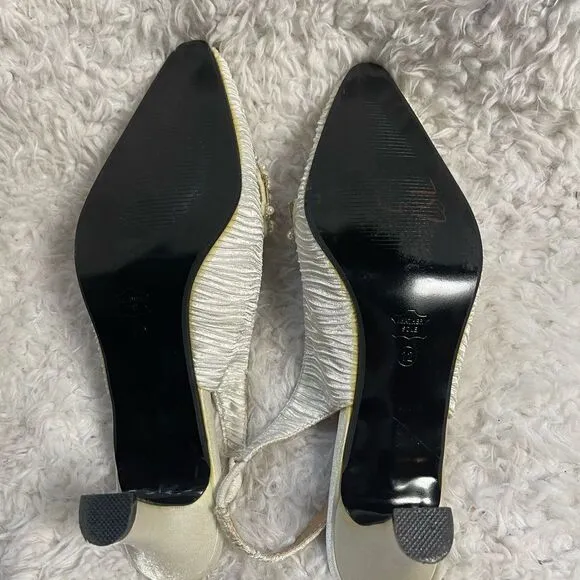 Whittall Shon fabric off white satin scrunch White Pearl Embellished Shoes SZ12