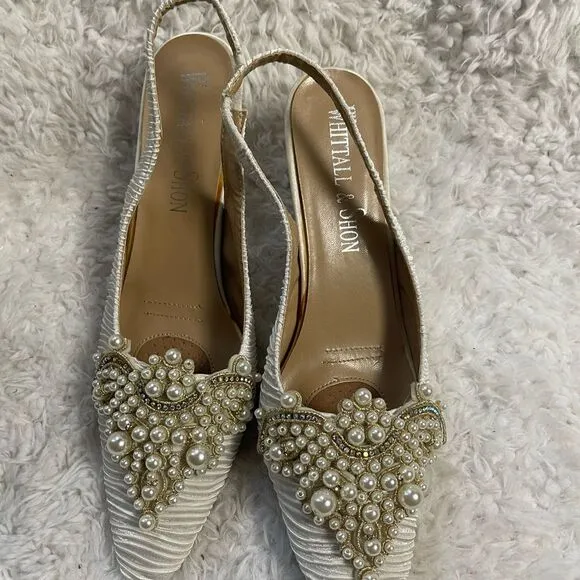Whittall Shon fabric off white satin scrunch White Pearl Embellished Shoes SZ12