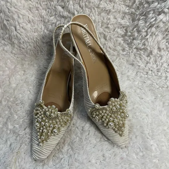 Whittall Shon fabric off white satin scrunch White Pearl Embellished Shoes SZ12
