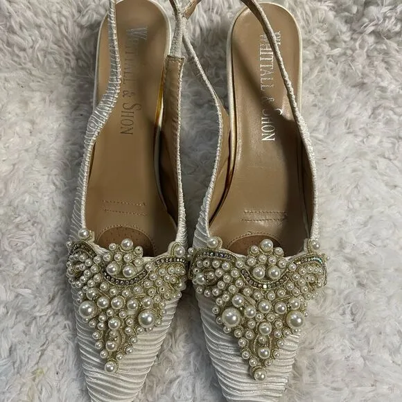 Whittall Shon fabric off white satin scrunch White Pearl Embellished Shoes SZ12