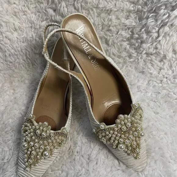 Whittall Shon fabric off white satin scrunch White Pearl Embellished Shoes SZ12