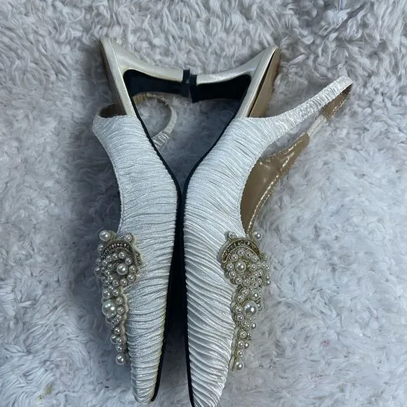Whittall Shon fabric off white satin scrunch White Pearl Embellished Shoes SZ12