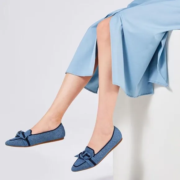 Women blue Dressy Shoes Washable Elegant Pointed-Toe lace-up Bow Shoes