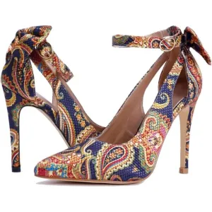 ✨Women Blue High Heels Bow Tie Back Sexy Stiletto Ankle Strap Wedding Dress Pump