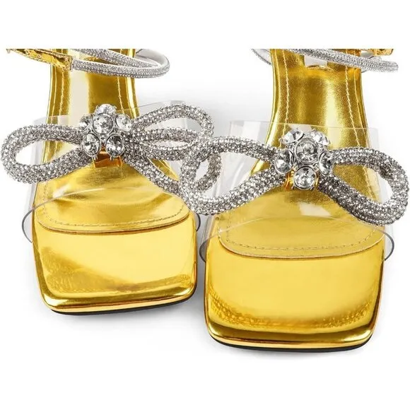 Women Gold Bowknots Crystal Sandals Clear Slingback Heels Square for Wedding