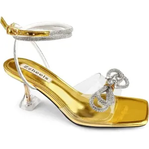 Women Gold Bowknots Crystal Sandals Clear Slingback Heels Square for Wedding