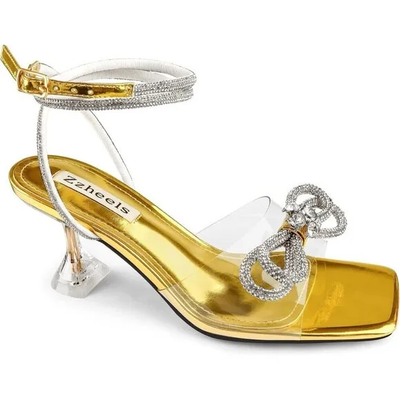 Women Gold Bowknots Crystal Sandals Clear Slingback Heels Square for Wedding
